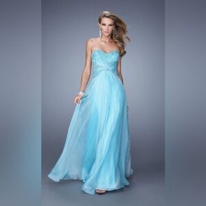 La Femme Blue Strapless Beaded Corset Waist Chiffon Gown Formal Dress 4